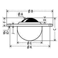 - Ø A: ball Ø- Ø B: Ø overall- C: overall height- D: exceeding the ball- Ø E: Ø useful- F: total overrun- J: platinum thickness.- Ø K: distance between fixing holes- Ø Q: fixing hole Ø 