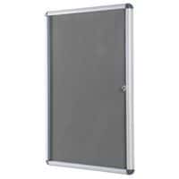 Grey lockable felt noticeboard for indoor use.
