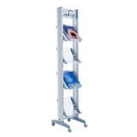 Literature display stand with metal frame & clear plexiglass shelves - for 4 documents.