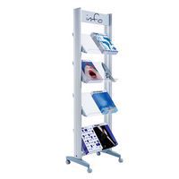 Literature display stand with metal frame & clear plexiglass shelves - for 8 documents.