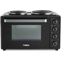 Black 42L Compact Electric Mini Oven - Dual Hot Plates - Tower