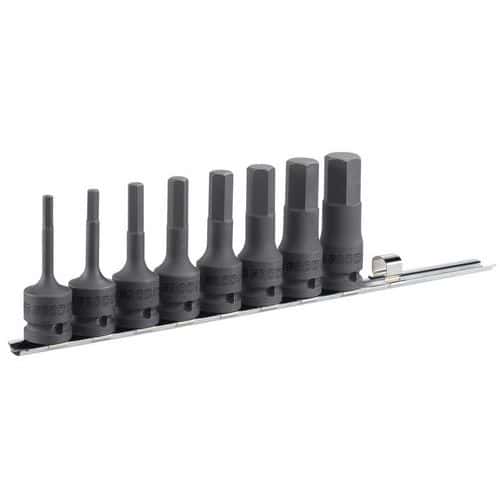 Rack with 8-piece set of 1/2 impact screwdriver sockets for metric countersunk hex head screws