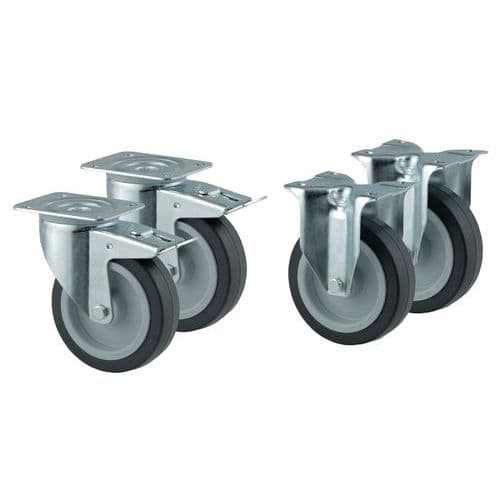 Set of 4 castors - 2 fixed and 2 swivel with brakes - Capacity 250 kg