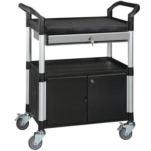 Polypropylene trolley - 3 shelves - With drawer and closed cabinet - Capacity 250 kg