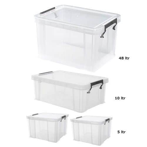 Set Of 4 Clear Storage Boxes - 48L, 10L & 2x 5L - Manutan Expert
