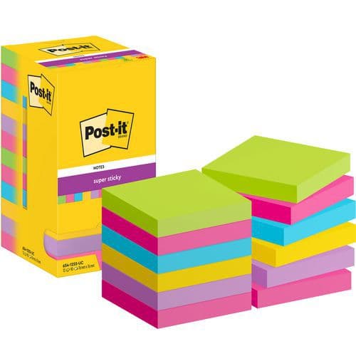 Post-it® Super Sticky Notes, 76 mm x 76 mm, 12 assorted pads