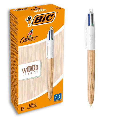 Set of 12 retractable BIC pens in 4 colours, Wood Style