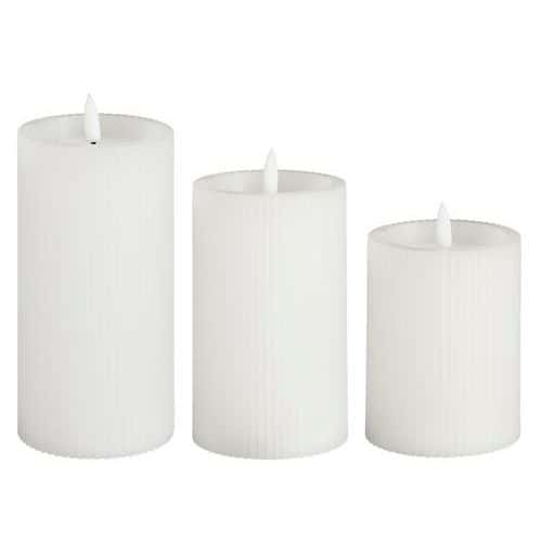 Three-piece set of white LED pillar candles with battery-operated timer