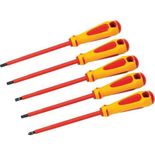 Set of five 1000-V insulated slotted and Phillips screwdrivers