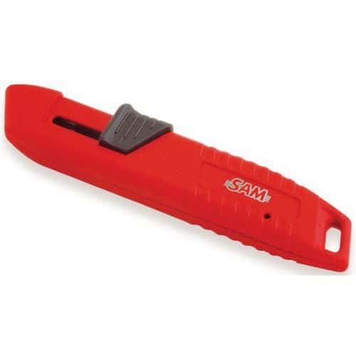 Bi-mat. self-retracting knife Zamak body and trapezoidal blades.