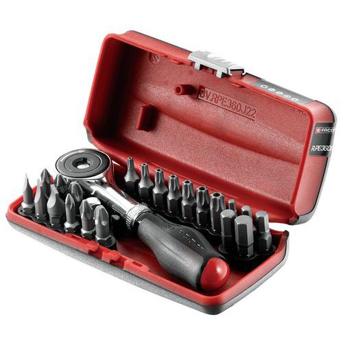 Bit holder set with 1/4 rotating handle ratchet + 22 screwdriver bits - Facom