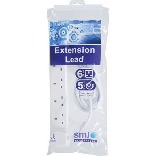 White Extension Leads - 2-5m Long - 1-6 Power Sockets - Indoor - 13A