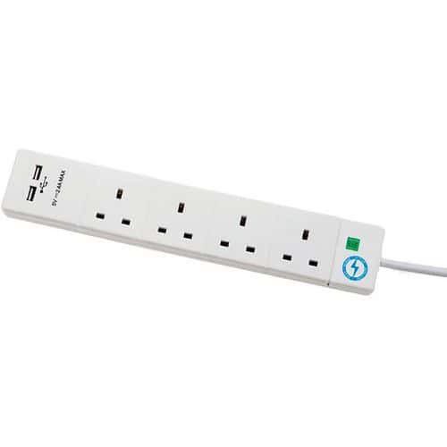 2m USB Extension Lead - 4 Power Sockets - 2 USBs - Surge Protected