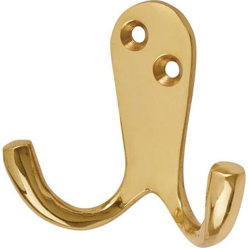 Solid Brass Double Coat Hook - Polished Brass