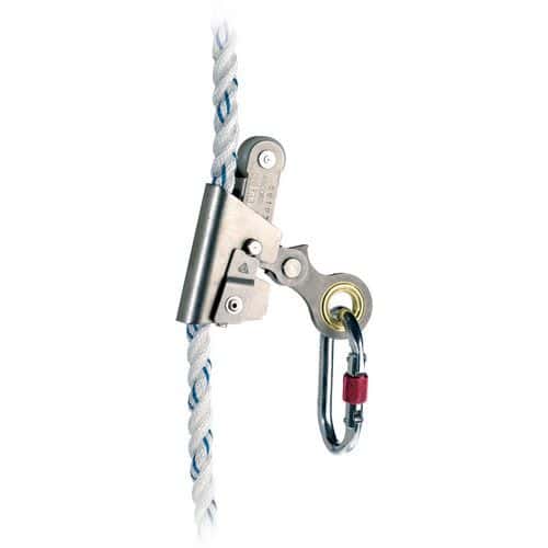 Opening rope sliding fall arrester with snap hook