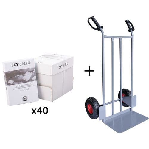 Pallet of paper with hand truck