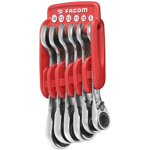 Set of 10 short ratchet combination spanners in a case - Facom