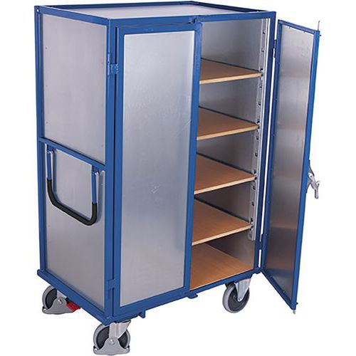 Trolley with sheet-metal walls, and hinged doors and shelves - 500 kg