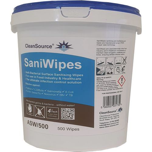 Tub Of 500 Antibacterial Surface Wipes - Food Safe - Saniwipes