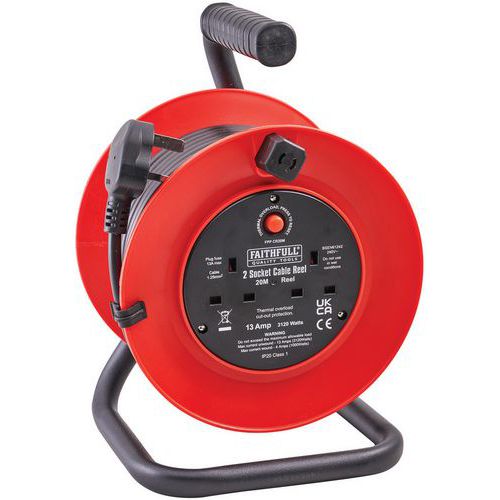 20m Long Cable Reel - 2-Socket Extension Leads - Faithfull