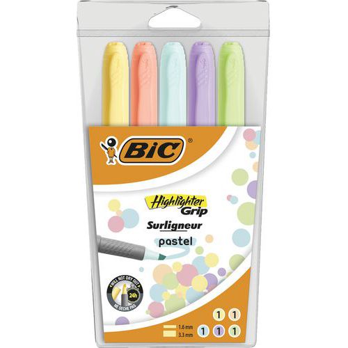 Highlighter Grip - Pastel - Pack of five assorted colours - BIC