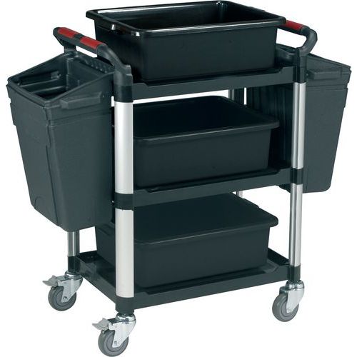 Industrial Plastic Tray Trolley With 2 Side Bins And 3 Trays