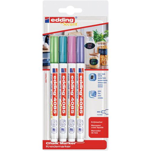 Securit 4085 liquid chalk marker with fine tip - Pack of 4 assorted metallic colours - EDDING