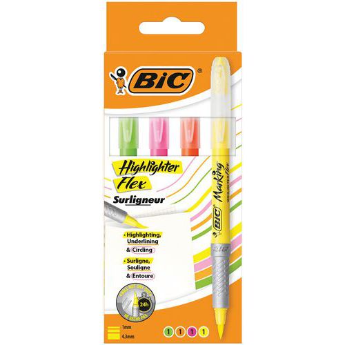 BIC Highlighter Grip Flex - Assorted colours - Pack of 4